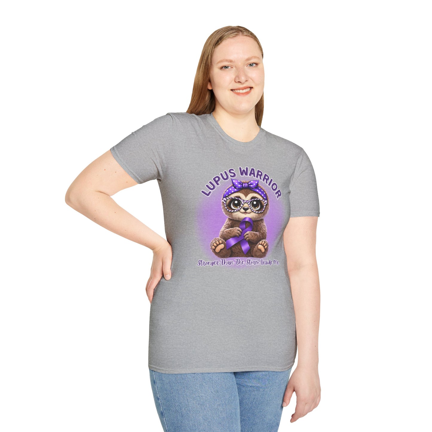 Lupus Warrior T-Shirt — Cute Sloth Holding Purple Ribbon, "Stronger Than The Storm Inside Me" Awareness Tee
