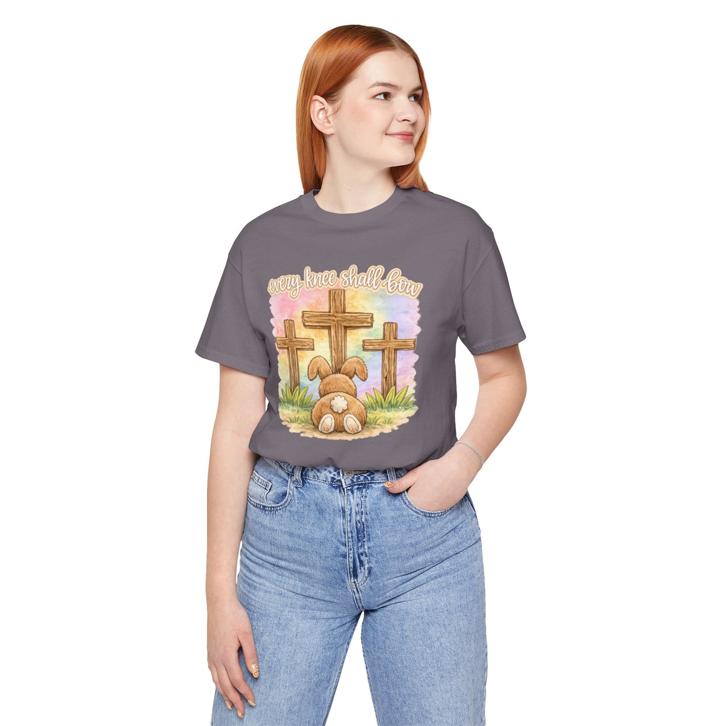 BELLA  CANVAS - Easter Bunny Kneeling at Crosses T‑Shirt — Christian Easter Faith Tee