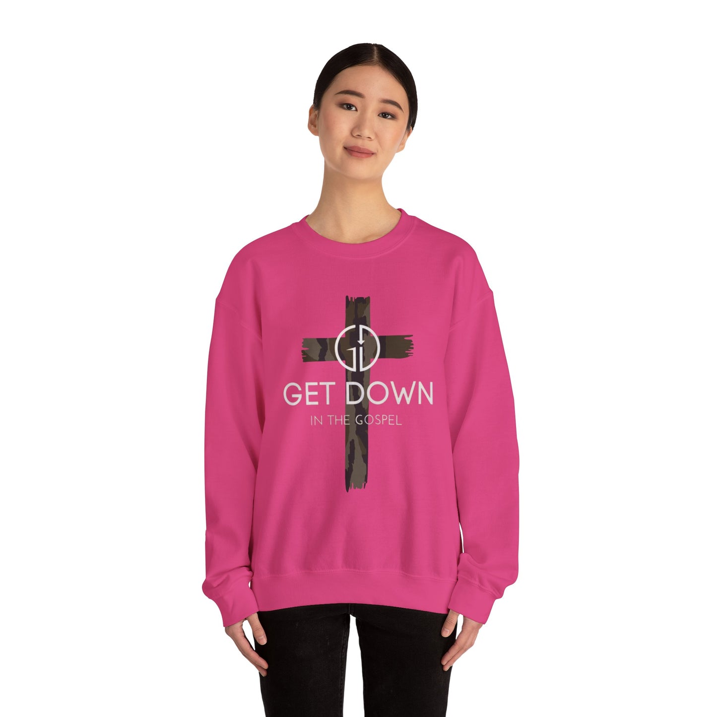 GILDAN - GET DOWN GOSPEL ADULT SWEATSHIRT GREEN CAMO CROSS