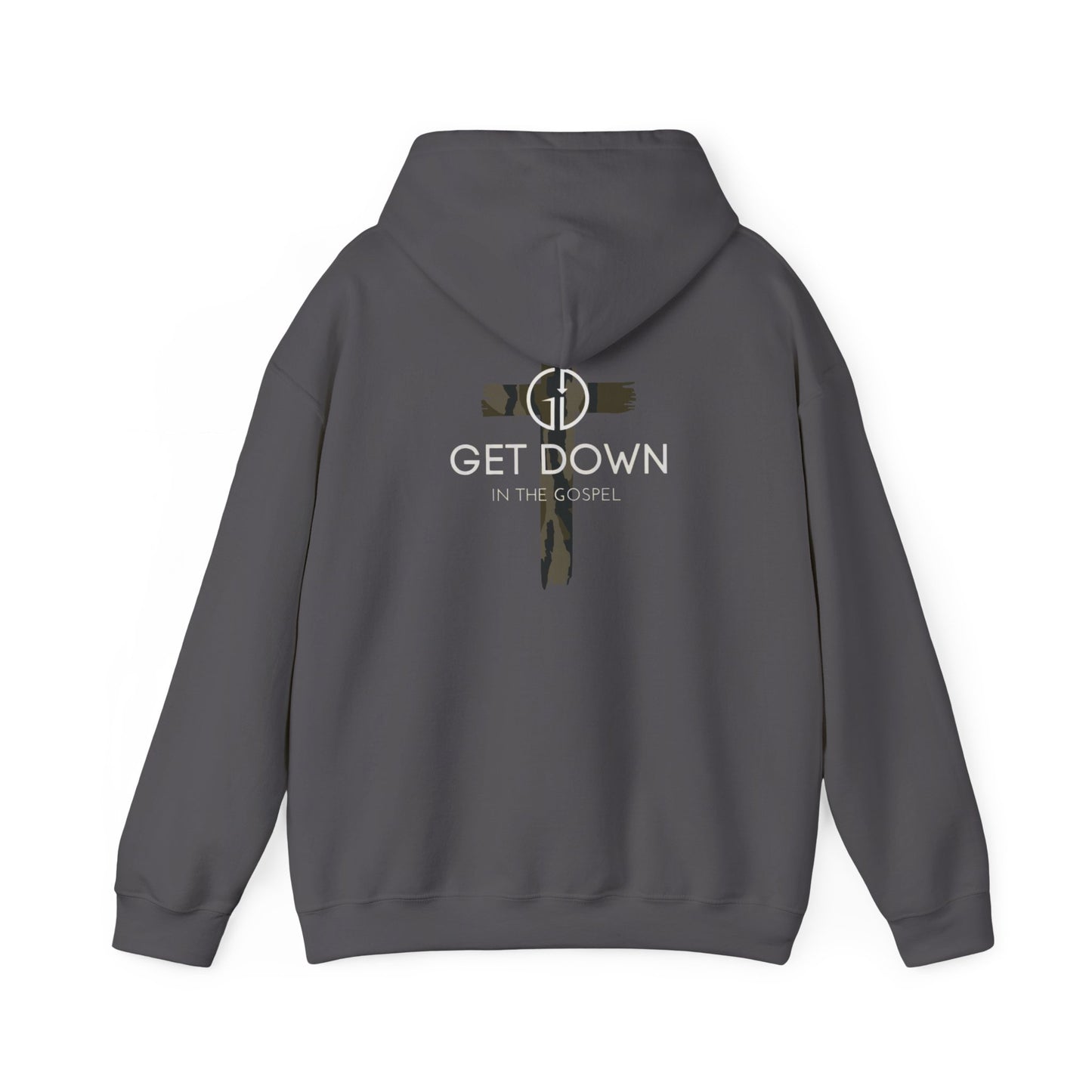 GET DOWN IN THE GOSPEL ADULT HOODIE GREEN CAMO CROSS