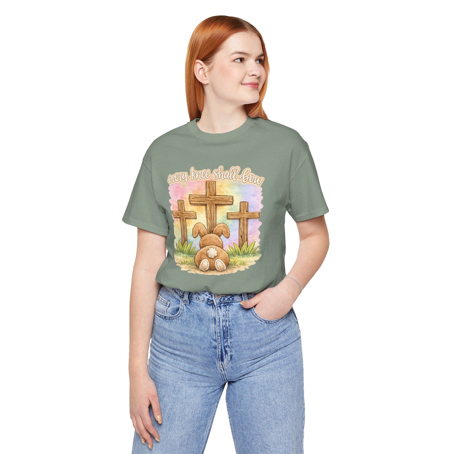 BELLA  CANVAS - Easter Bunny Kneeling at Crosses T‑Shirt — Christian Easter Faith Tee