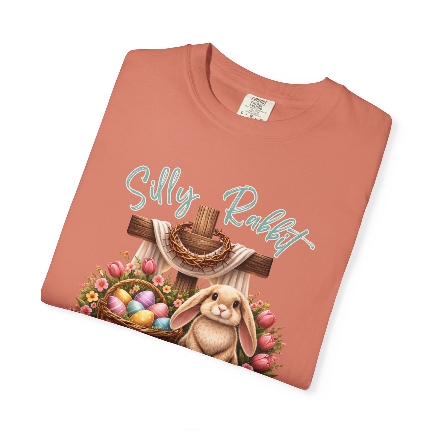 COMFORT COLORS -  Silly Rabbit Easter Bunny T-shirt | Pastel Eggs, Basket, Cross Back Print