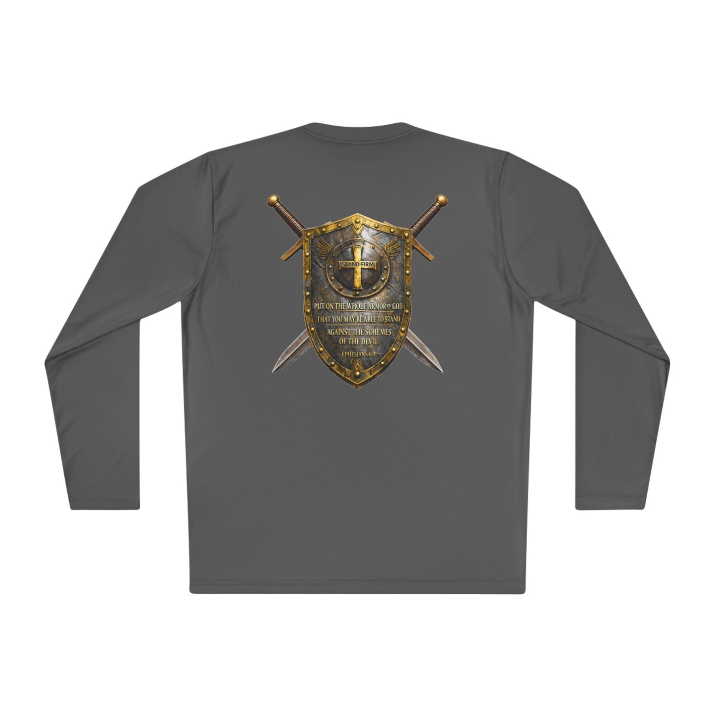 Christian Shield & Swords Long Sleeve Tee — "Get Down on Your Knees" Faith Graphic