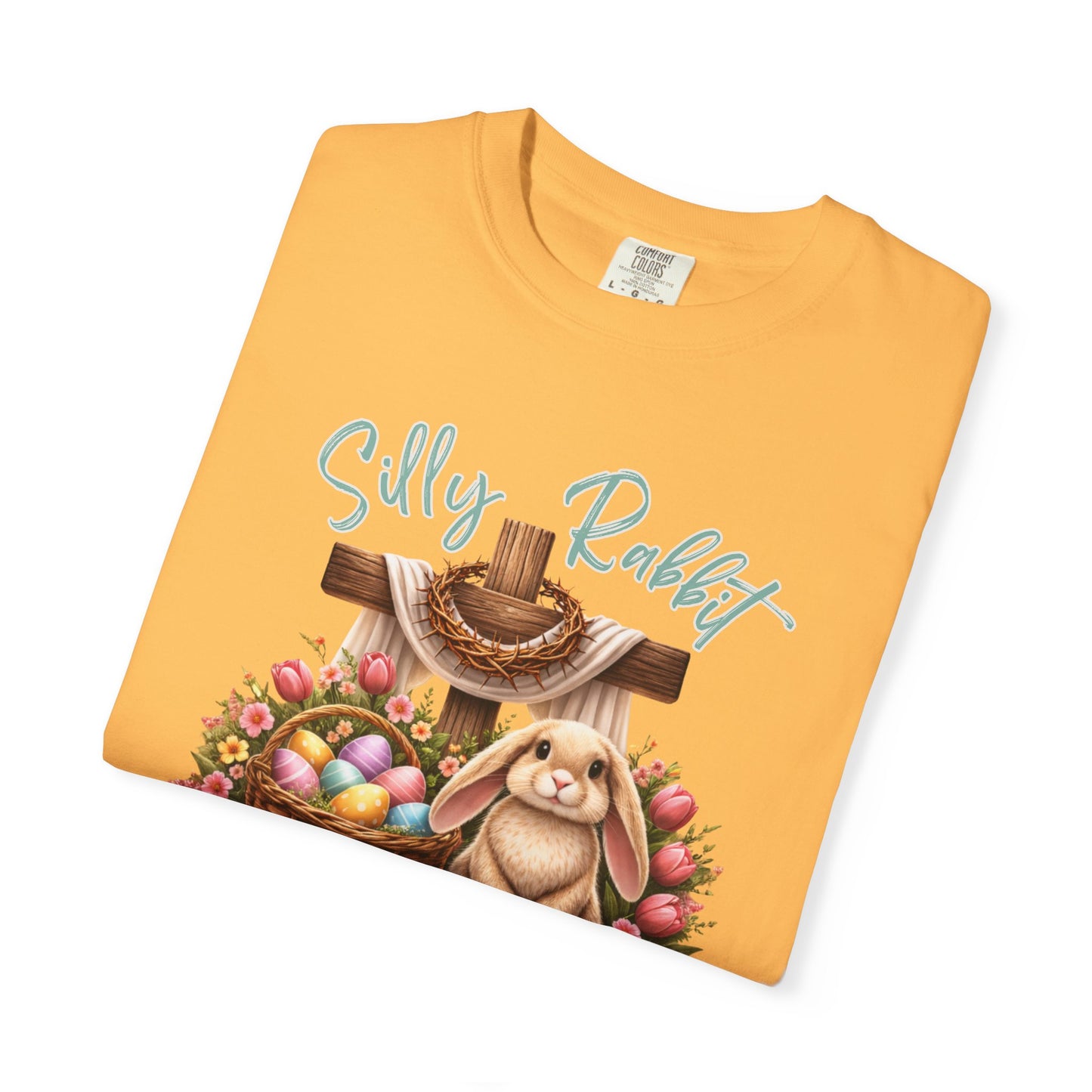 COMFORT COLORS -  Silly Rabbit Easter Bunny T-shirt | Pastel Eggs, Basket, Cross Back Print