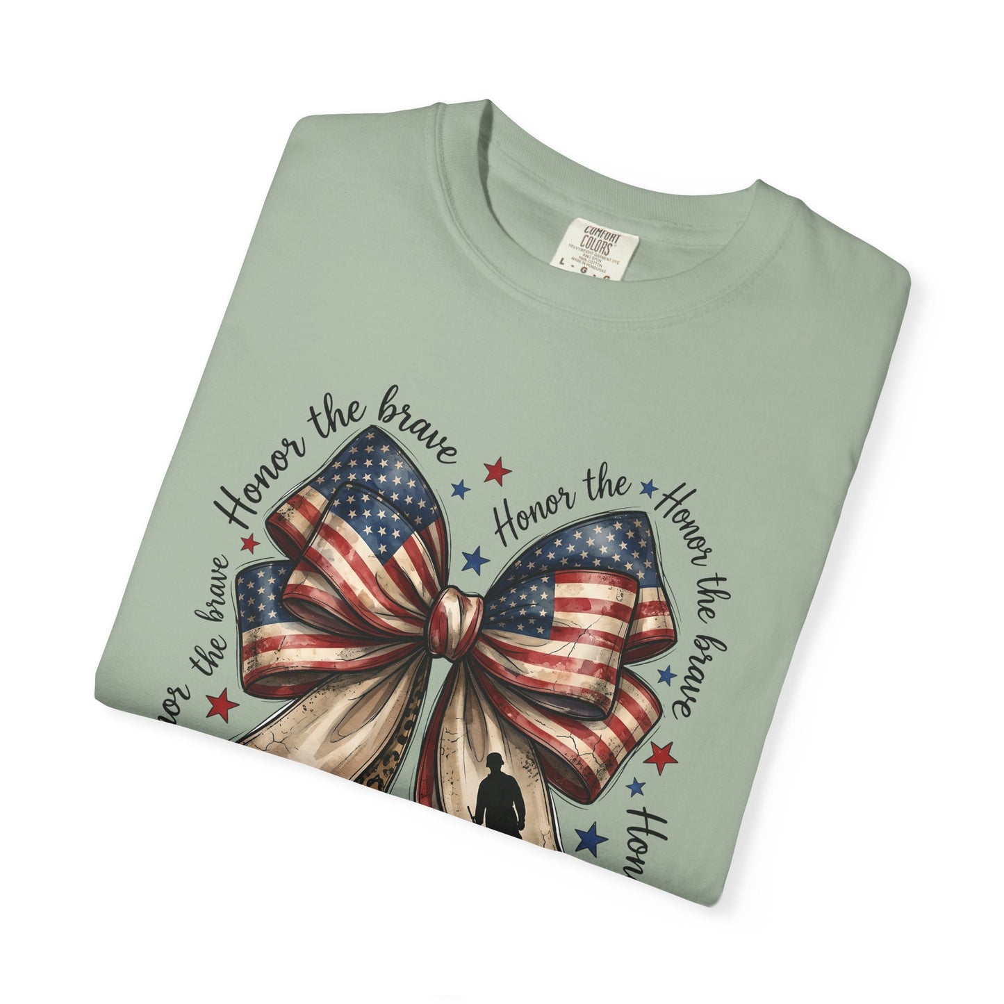 COMFORT COLORS - Patriotic American Flag Bow T-Shirt — "Home of the Brave" Fourth of July Tee