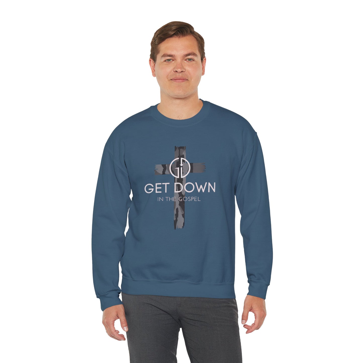 GET DOWN IN THE GOSPEL ADULT SWEATSHIRT GRAY CAMO CROSS