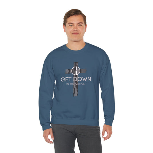 GET DOWN IN THE GOSPEL ADULT SWEATSHIRT GRAY CAMO CROSS