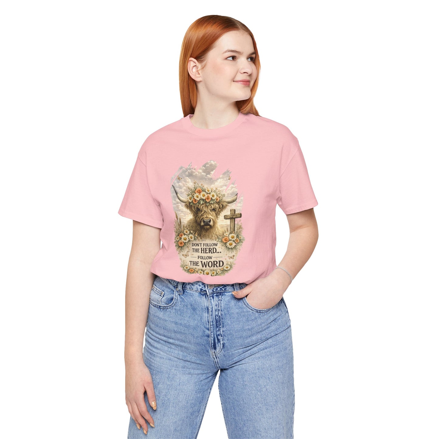 Christian Cow Graphic Tee - "Don't Follow the Herd, Follow the Word" Floral Cross T-Shirt