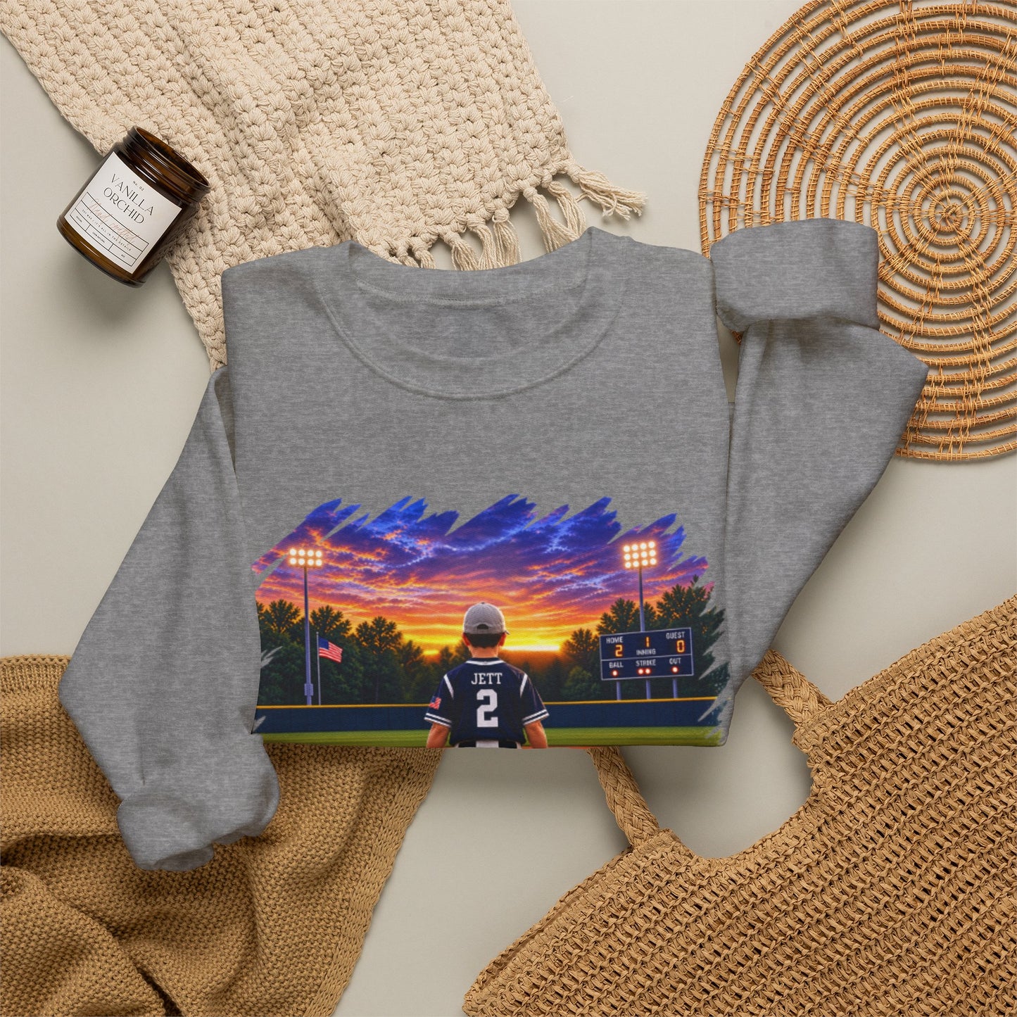 *** SPECIAL REQUEST - MORGAN JETT - GILDAN - Baseball Player Sunset Crewneck Sweatshirt — "Go Jack!" Team Spirit Crew