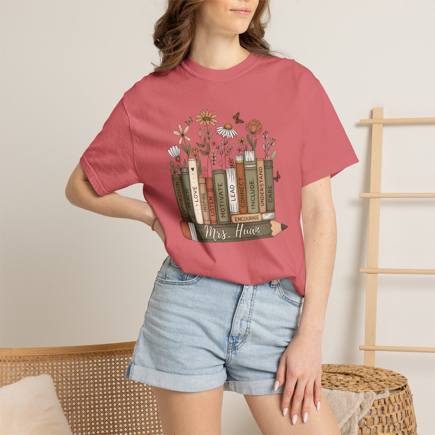 COMFORT COLORS - *** WANT TO PERSONALIZE THIS ?" - DO NOT ORDER THIS, PLEASE EMAIL ME @REFININGFAITHCOMPANY@GMAIL.COM*** Teacher Bookshelf T-Shirt – Personalized “Mrs. Hayes” Pencil & Floral Reading...