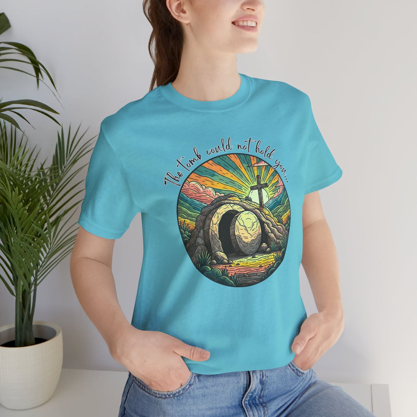 BELLA CANVAS - Easter Sunrise T-Shirt — He Is Risen Tomb & Cross Christian Tee