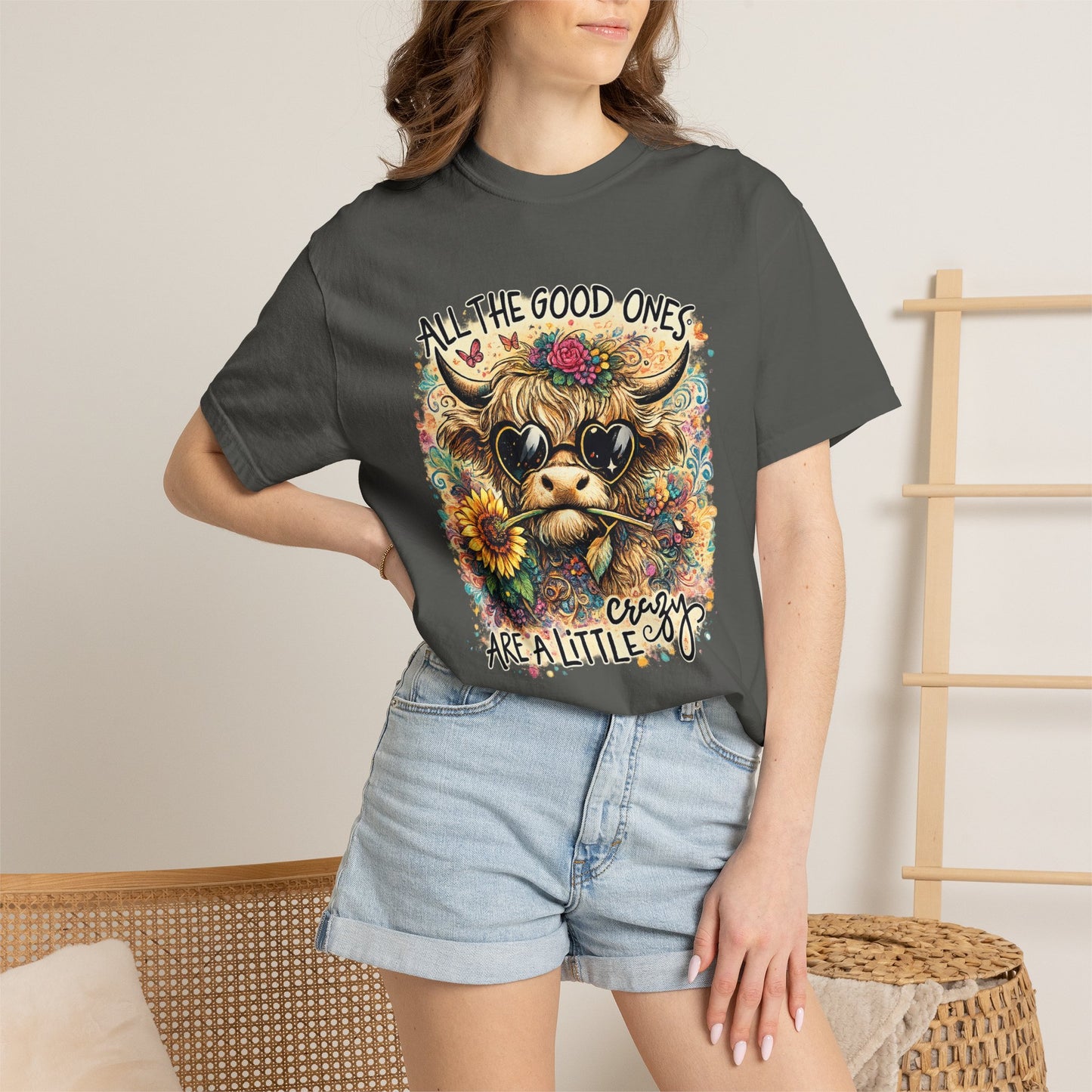 COMFORT COLORS - Cow Graphic T-Shirt — "All the Good Ones Are a Little Crazy" Floral Sunflower Design