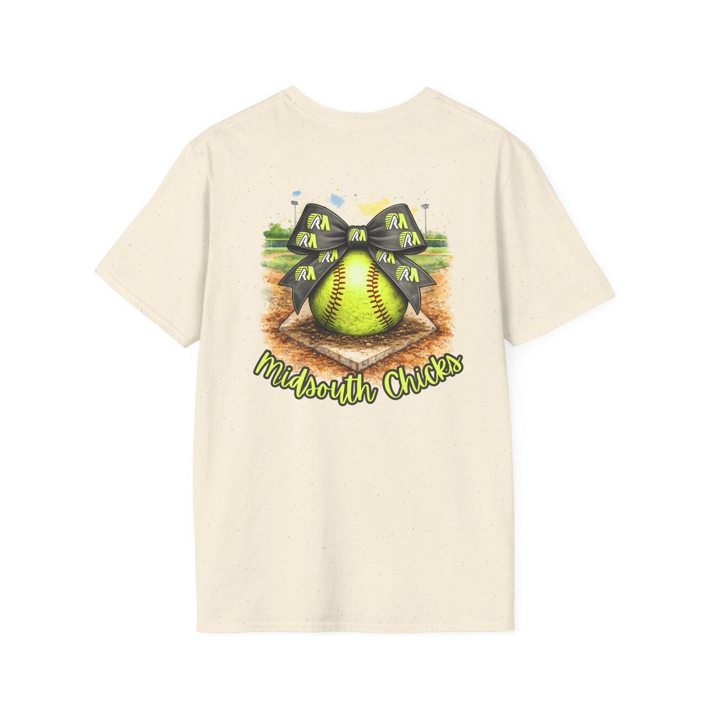 Midsouth Chicks Softball T-Shirt — Neon Green Softball Bow Design