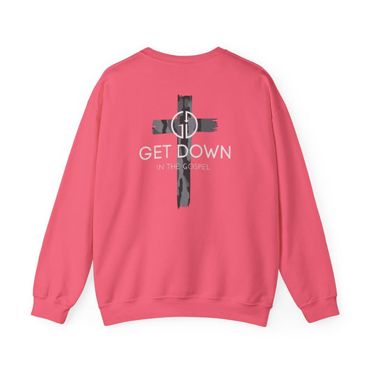 GET DOWN IN THE GOSPEL ADULT SWEATSHIRT GRAY CAMO CROSS