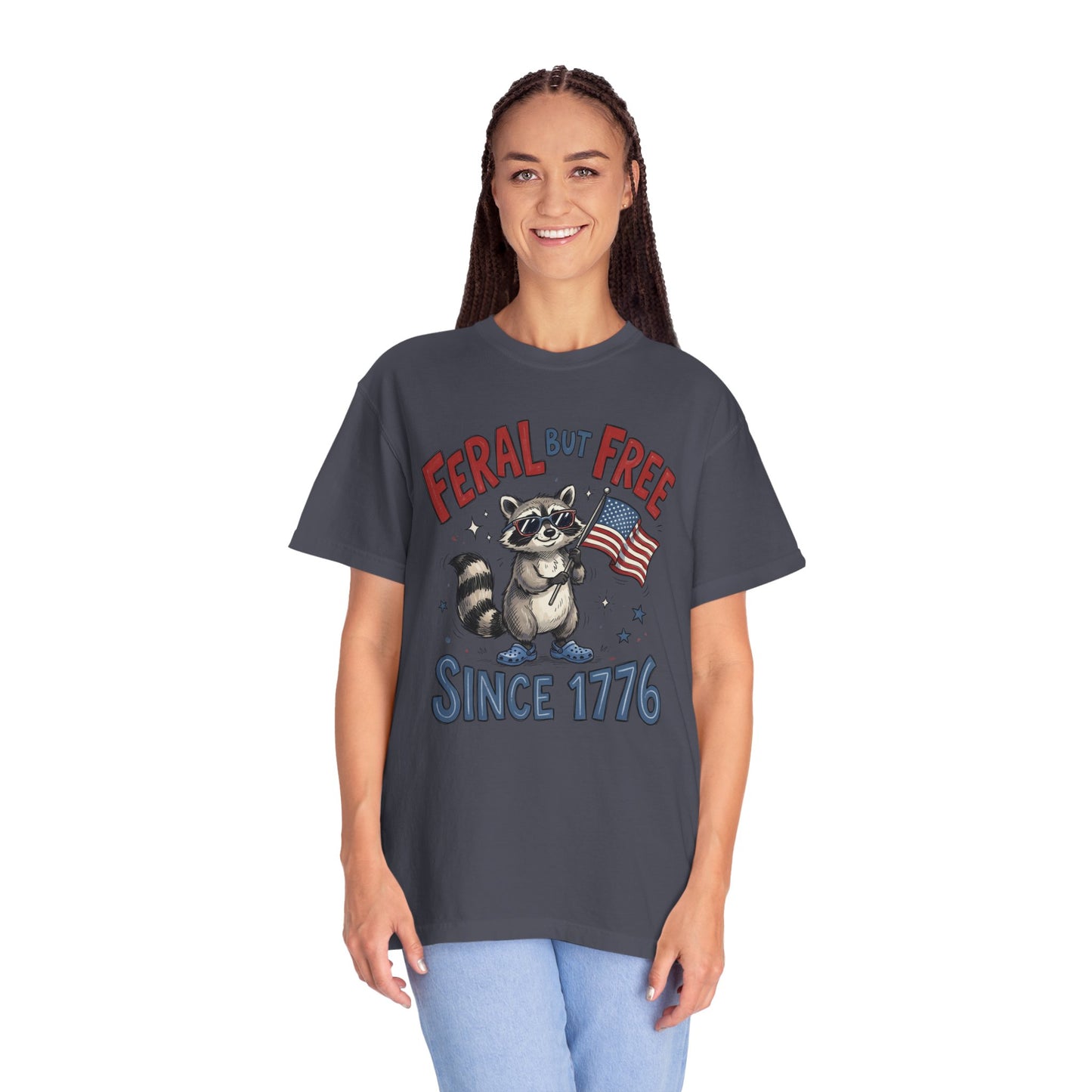 Feral But Free Since 1776 T-Shirt — Cute Raccoon American Flag Patriotic Tee