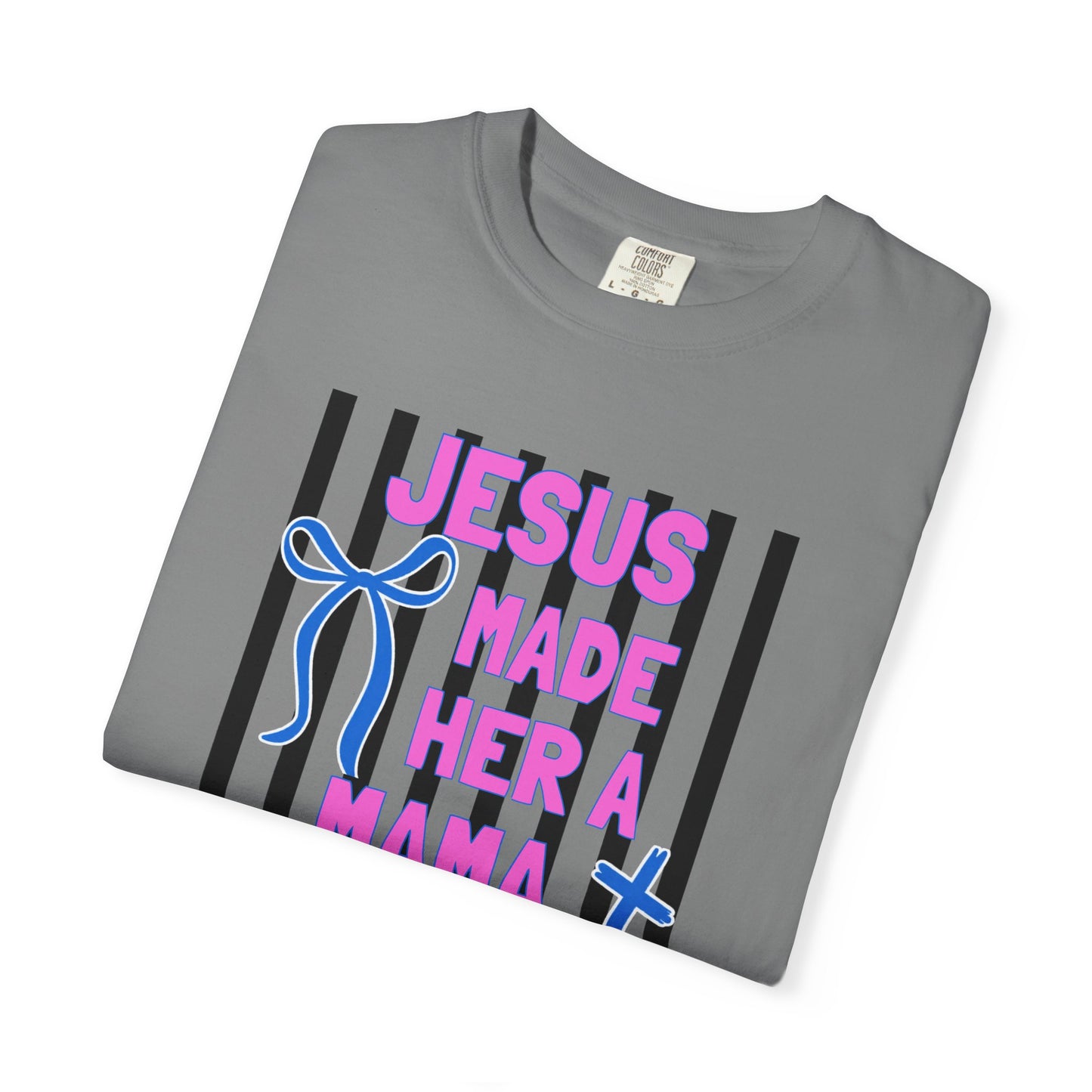 Jesus Made Her a Mama T-Shirt — Christian Mom Tee (Pink & Blue Ribbon)