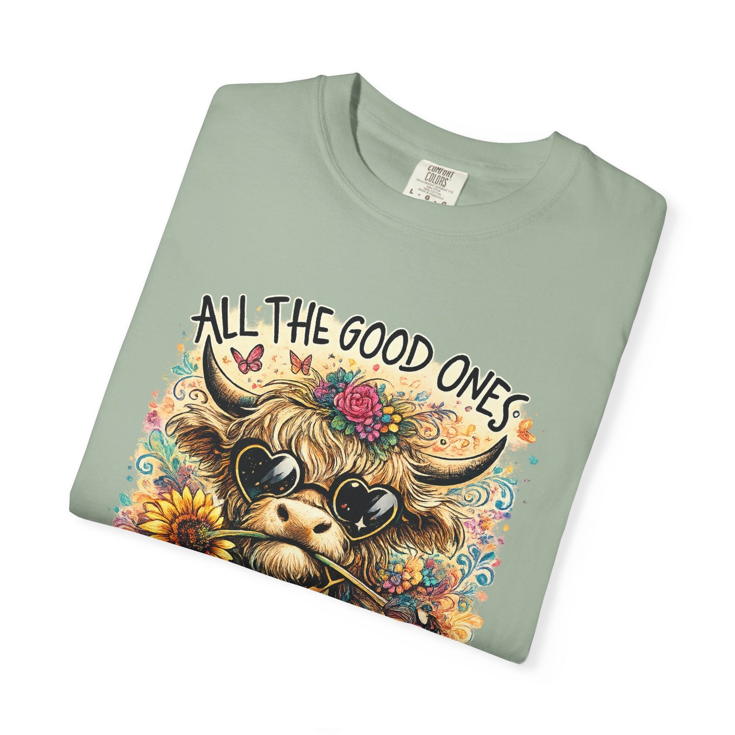 COMFORT COLORS - Cow Graphic T-Shirt — "All the Good Ones Are a Little Crazy" Floral Sunflower Design