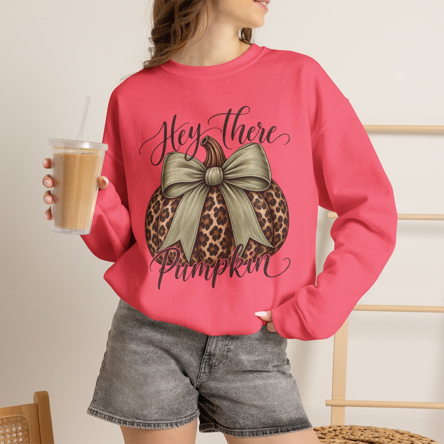 GILDAN - Hey There Pumpkin Sweatshirt — Leopard Pumpkin with Olive Bow Fall Crewneck