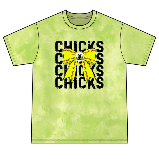 Chicks Tie-Dye Tee — Yellow Bow Graphic Soft Cotton Shirt