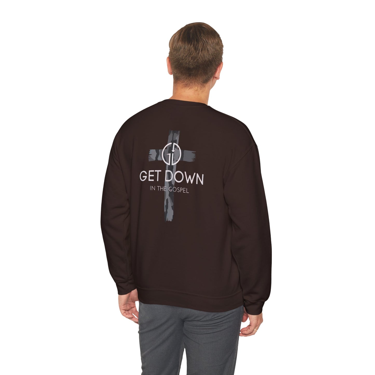 GILDAN - GET DOWN IN THE GOSPEL ADULT SWEATSHIRT GRAY CAMO CROSS
