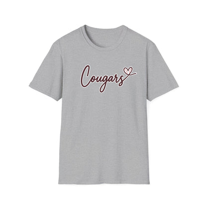 Cougars Script T-Shirt — Retro Pink Heart Team Tee