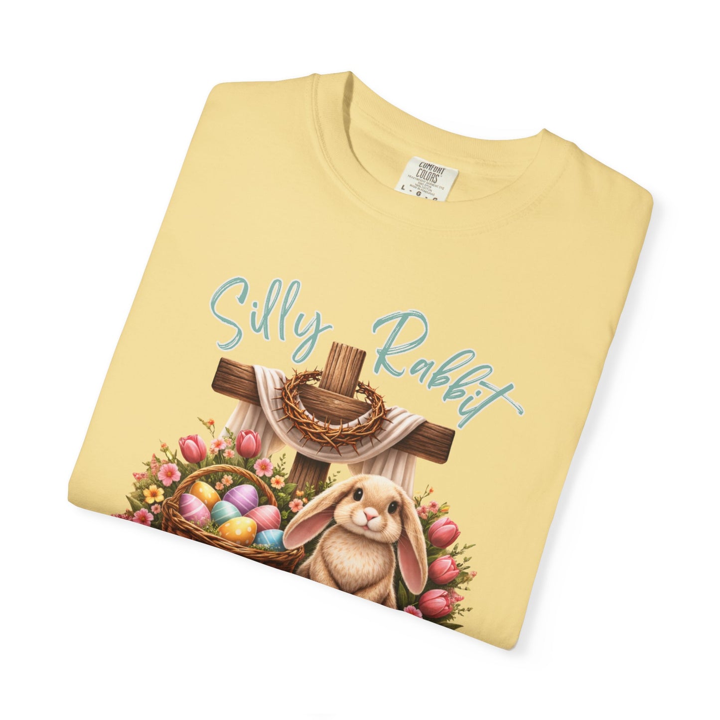 COMFORT COLORS -  Silly Rabbit Easter Bunny T-shirt | Pastel Eggs, Basket, Cross Back Print