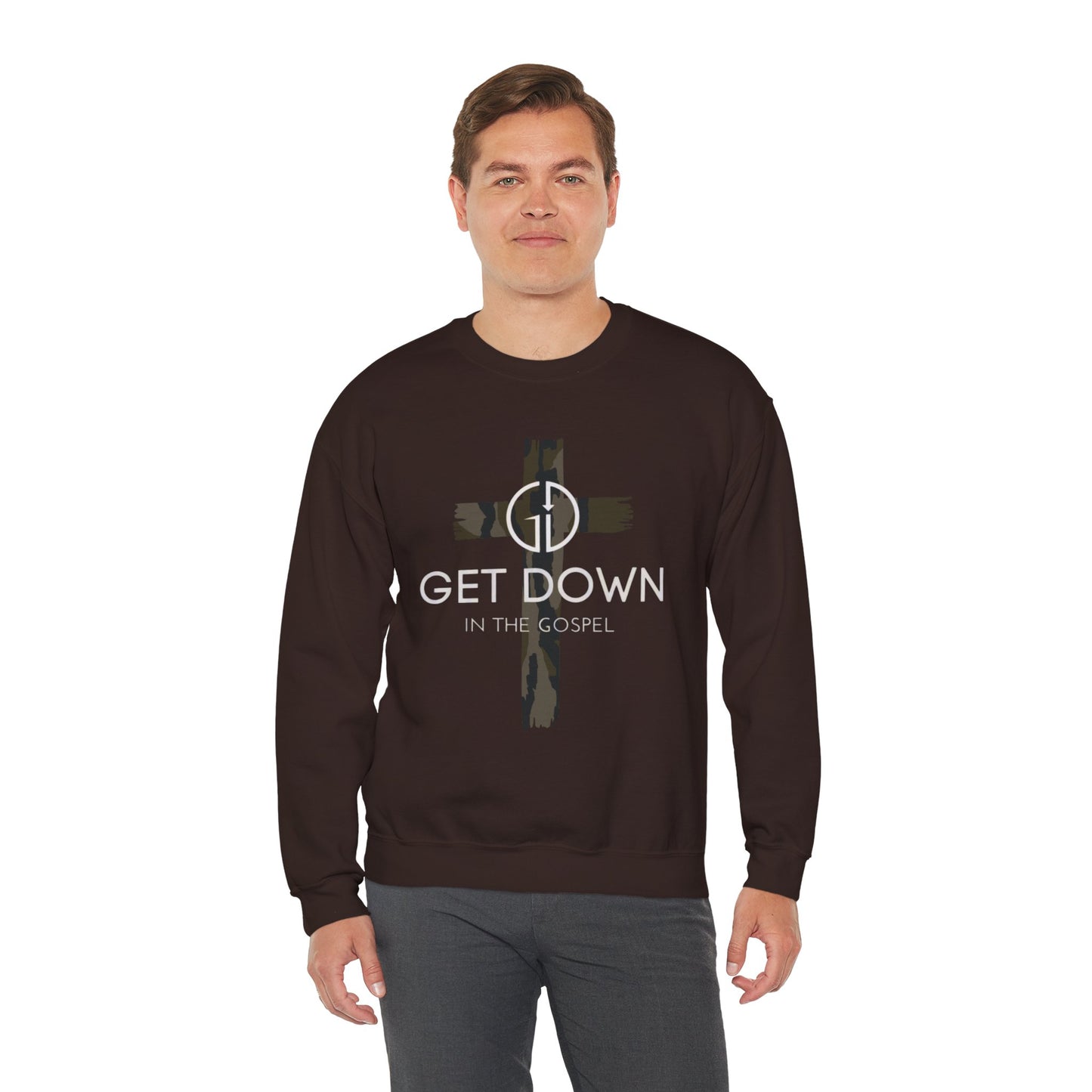 GILDAN - GET DOWN GOSPEL ADULT SWEATSHIRT GREEN CAMO CROSS