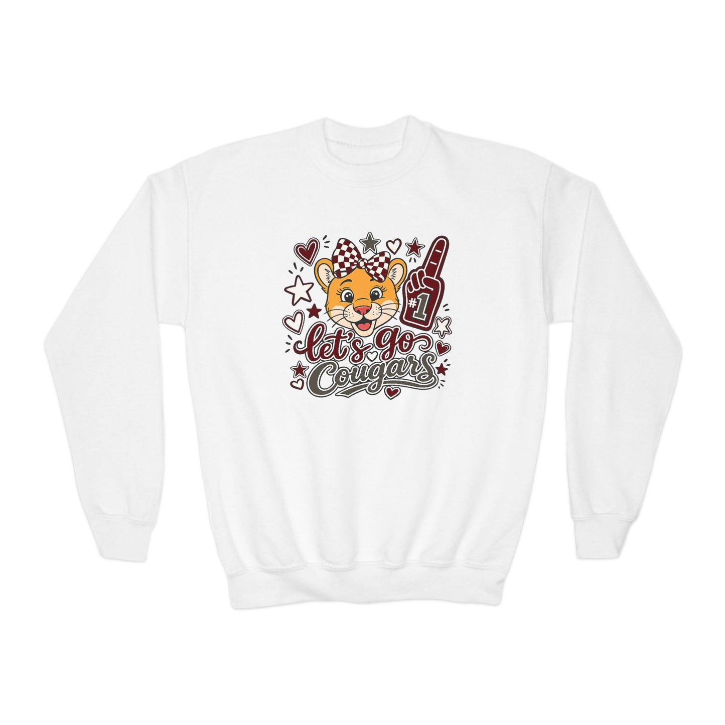 GILDAN - Youth Crewneck Sweatshirt — Cheerleader Tiger Mascot "Let's Go Cougars"