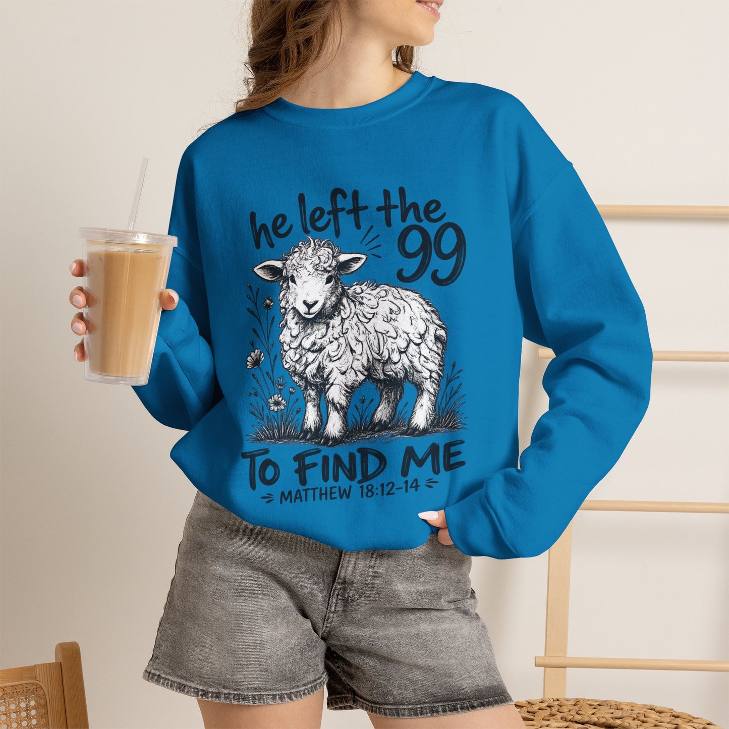 GILDAN - Christian Crewneck Sweatshirt — "He Left the 99 to Find Me" Lamb Graphic