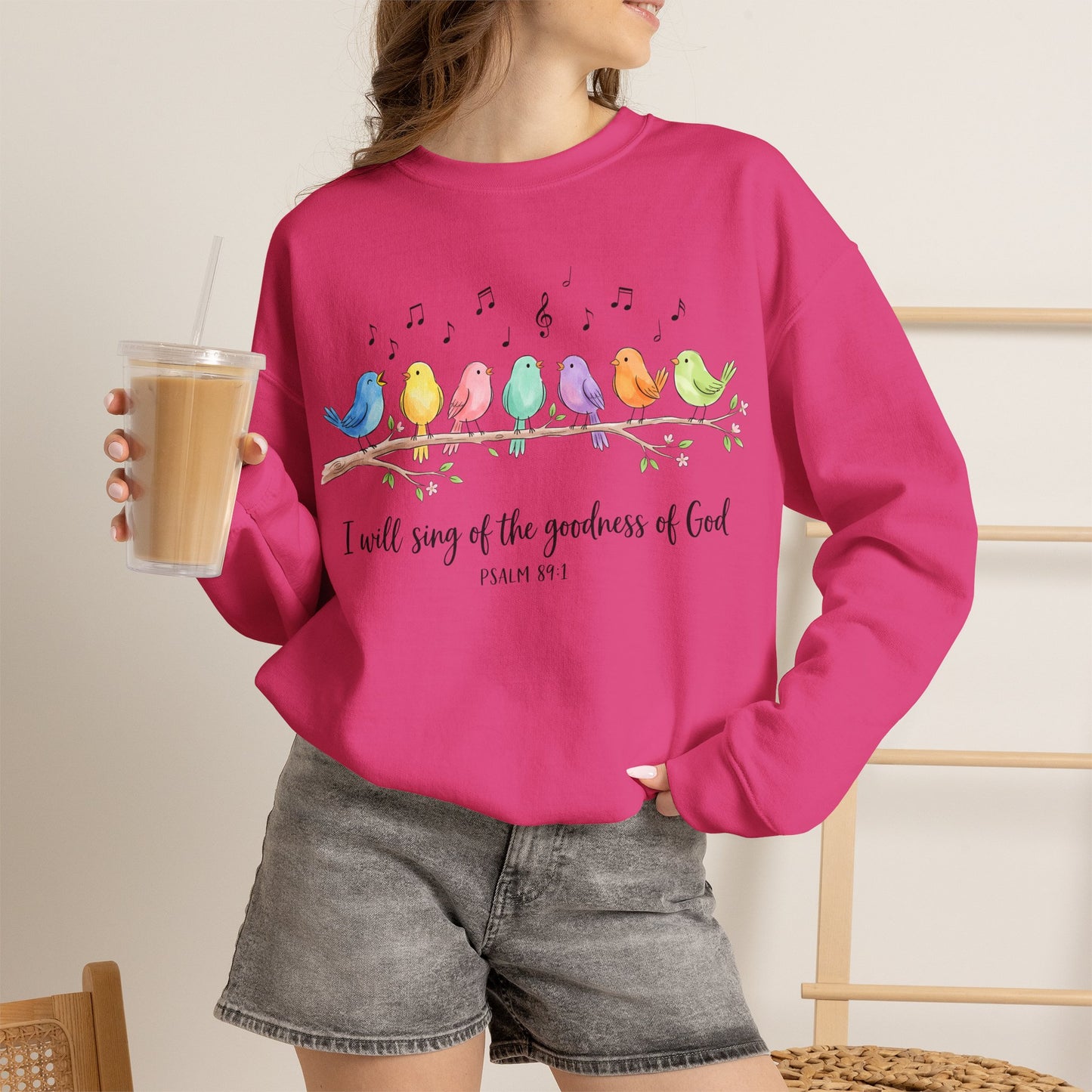 GILDAN - Psalm 89:1 Birds Crewneck Sweatshirt — I Will Sing of the Goodness of God Christian Sweatshirt