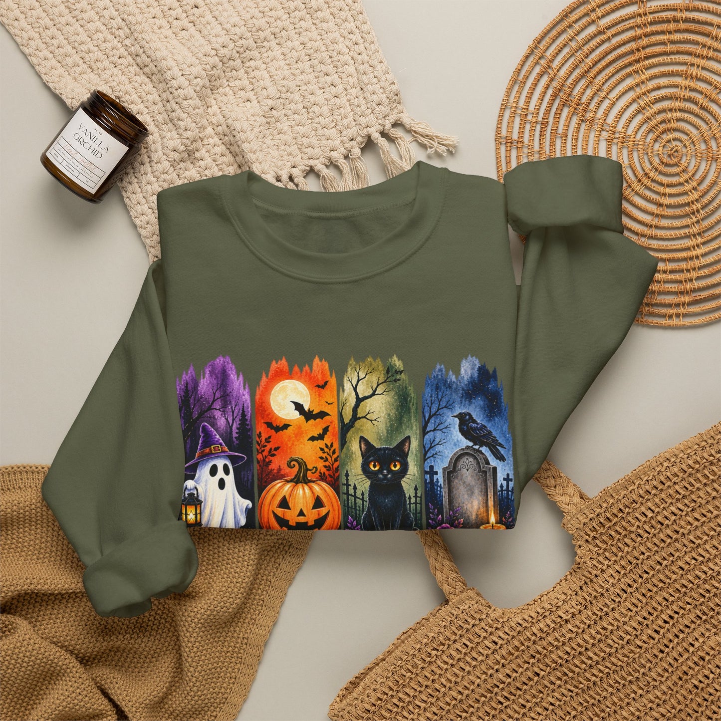 GILDAN - Spooky Season Halloween Crewneck Sweatshirt — Ghost, Jack-O'-Lantern & Black Cat Design