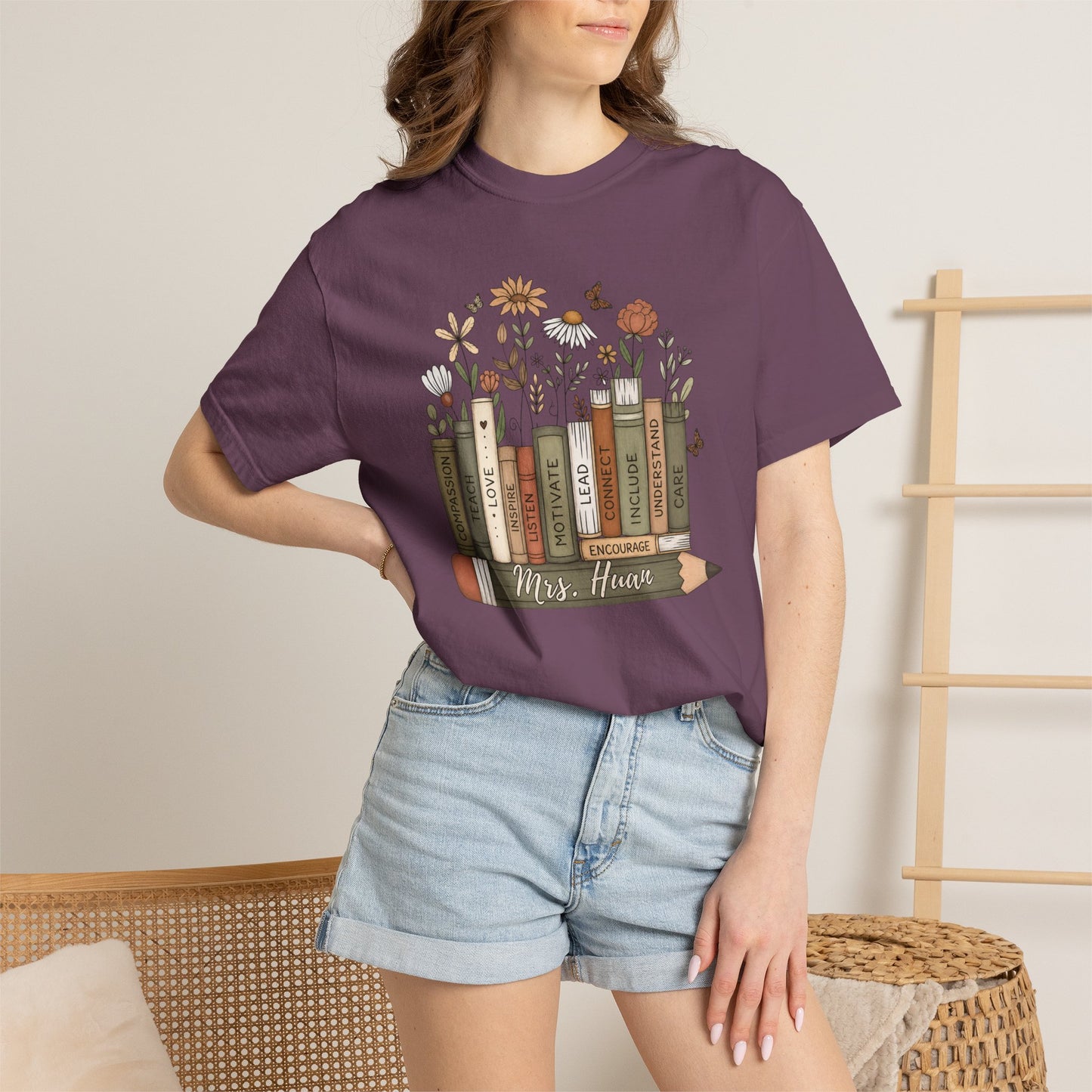 COMFORT COLORS - *** WANT TO PERSONALIZE THIS ?" - DO NOT ORDER THIS, PLEASE EMAIL ME @REFININGFAITHCOMPANY@GMAIL.COM*** Teacher Bookshelf T-Shirt – Personalized “Mrs. Hayes” Pencil & Floral Reading...