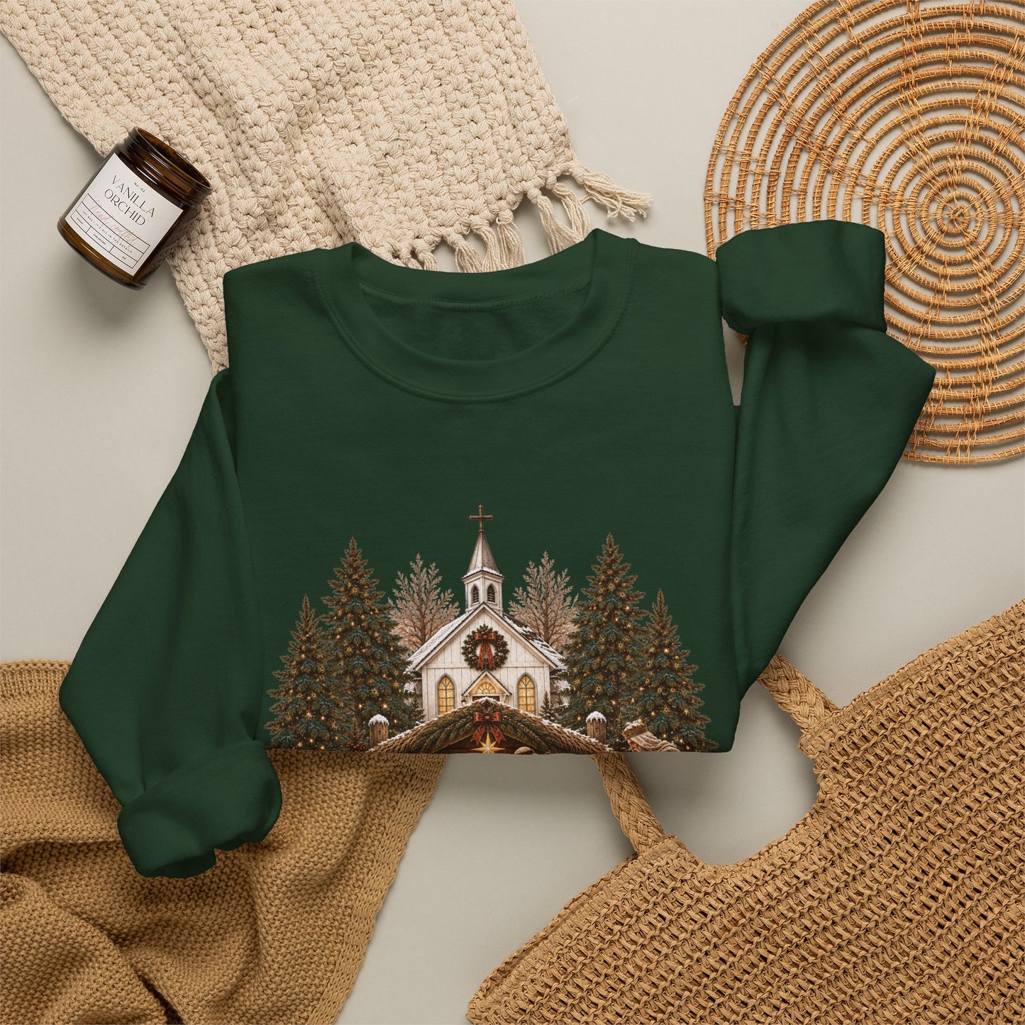 GILDAN - Nativity Scene Crewneck Sweatshirt - "Come Let Us Adore Him" Christmas Pullover