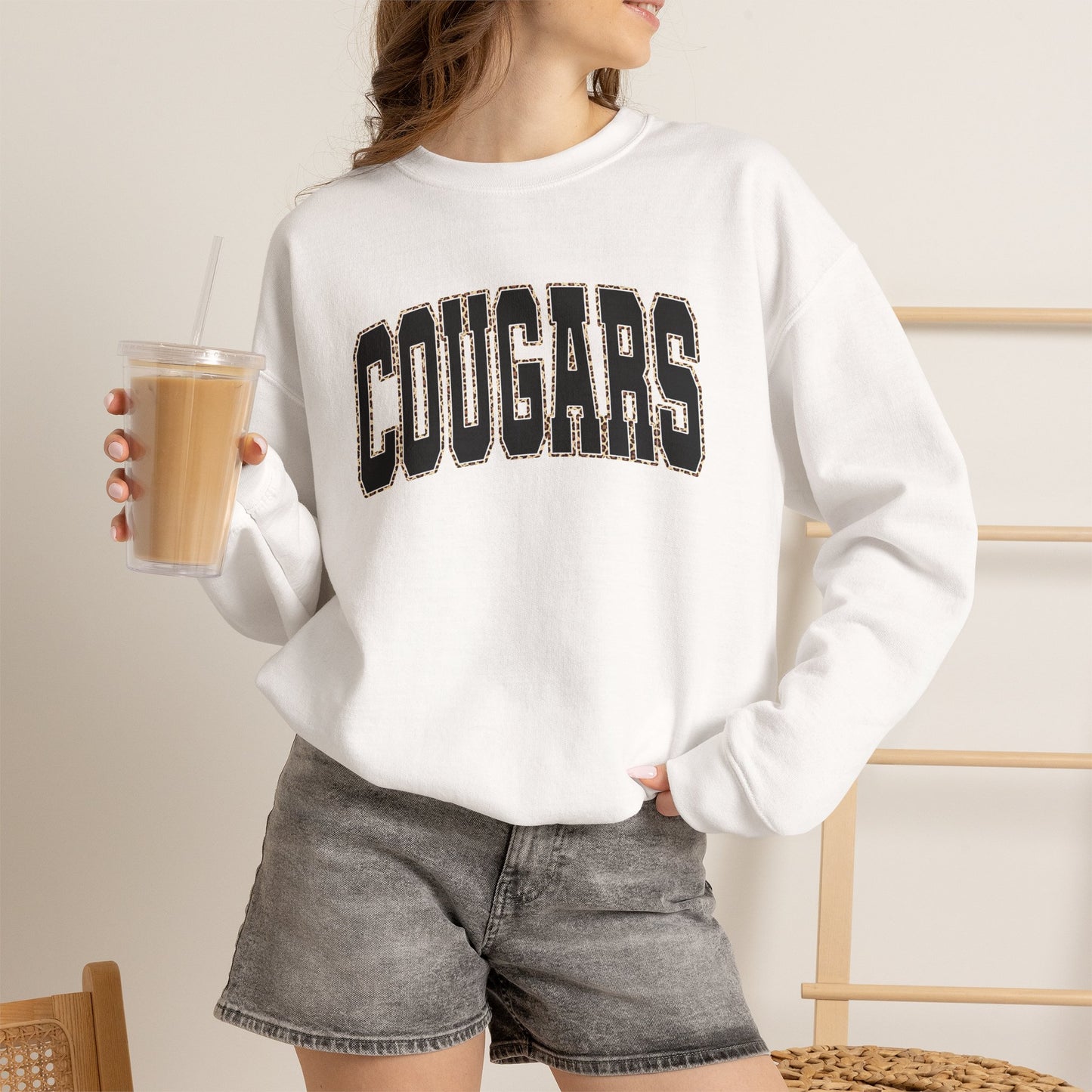 GILDAN - Cougars Crewneck Sweatshirt — BLACK LETTERS LEOPARD OUTLINE - Vintage Collegiate Team Pullover
