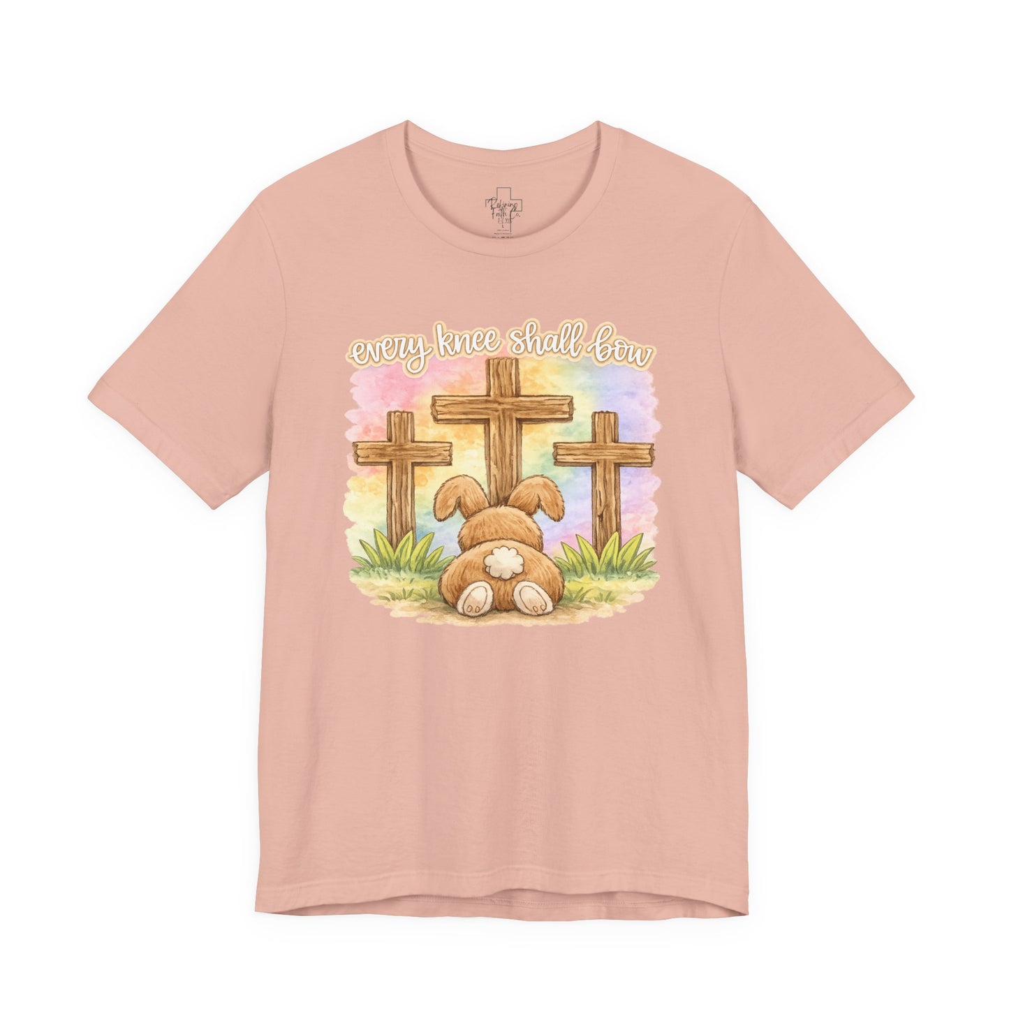 BELLA  CANVAS - Easter Bunny Kneeling at Crosses T‑Shirt — Christian Easter Faith Tee