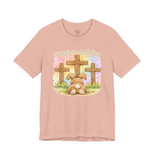 BELLA  CANVAS - Easter Bunny Kneeling at Crosses T‑Shirt — Christian Easter Faith Tee