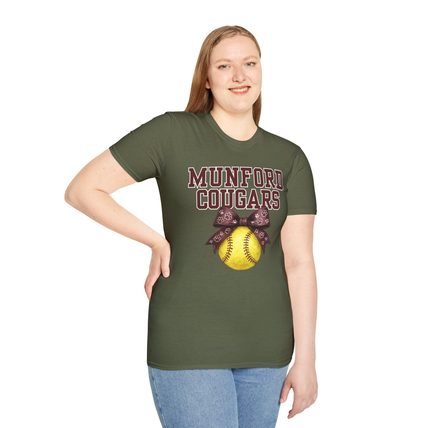 Munford Cougars Softball T-Shirt — Yellow Ball with Bow Team Tee