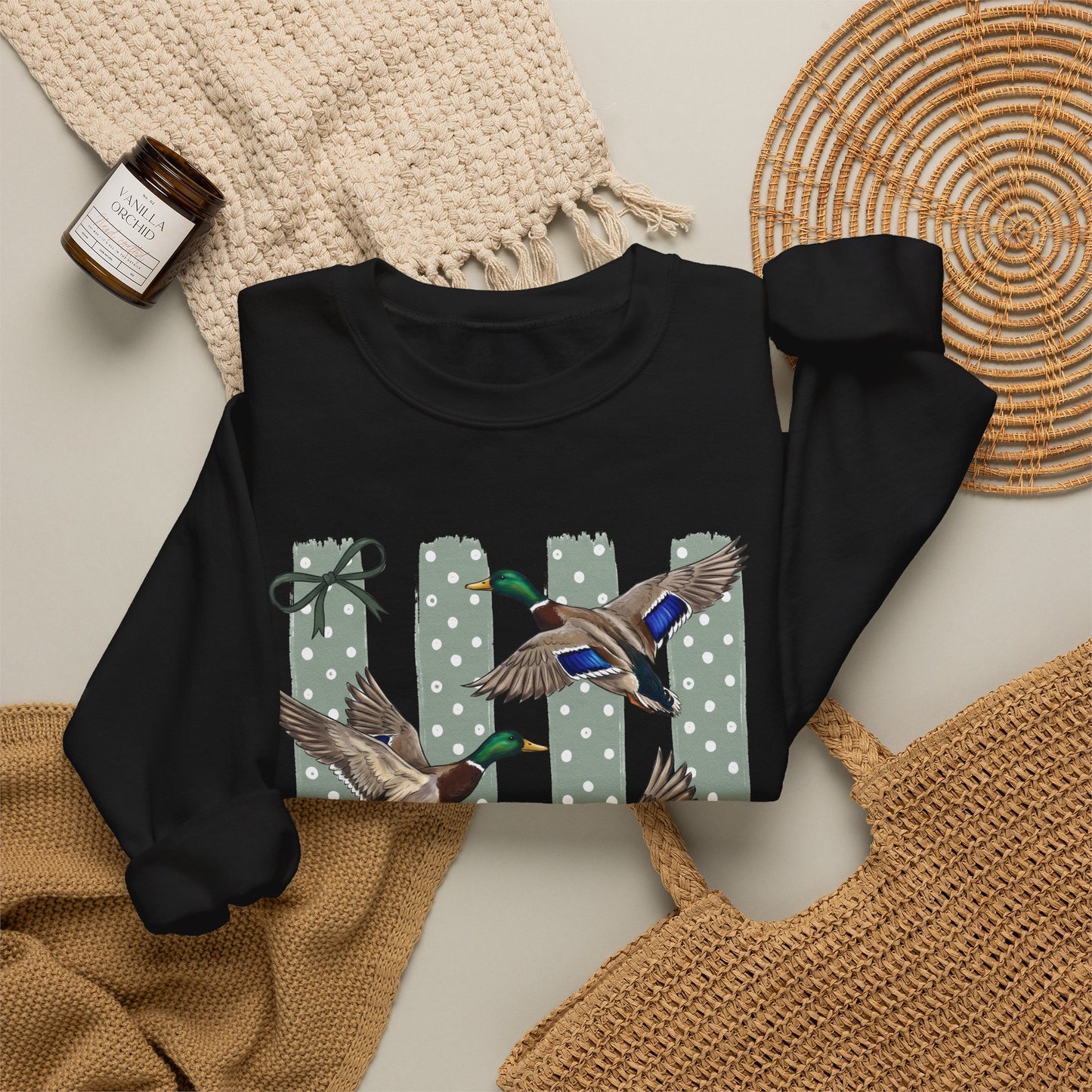 GILDAN - Mallard Duck Crewneck Sweatshirt — Polka Dot Stripe Waterfowl Graphic