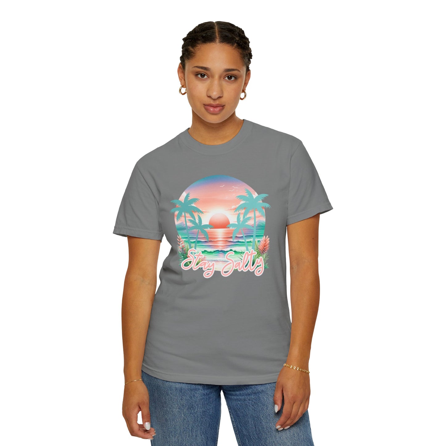 COMFORT COLORS - Stay Salty Beach T-Shirt — Retro Sunset Palm Tee