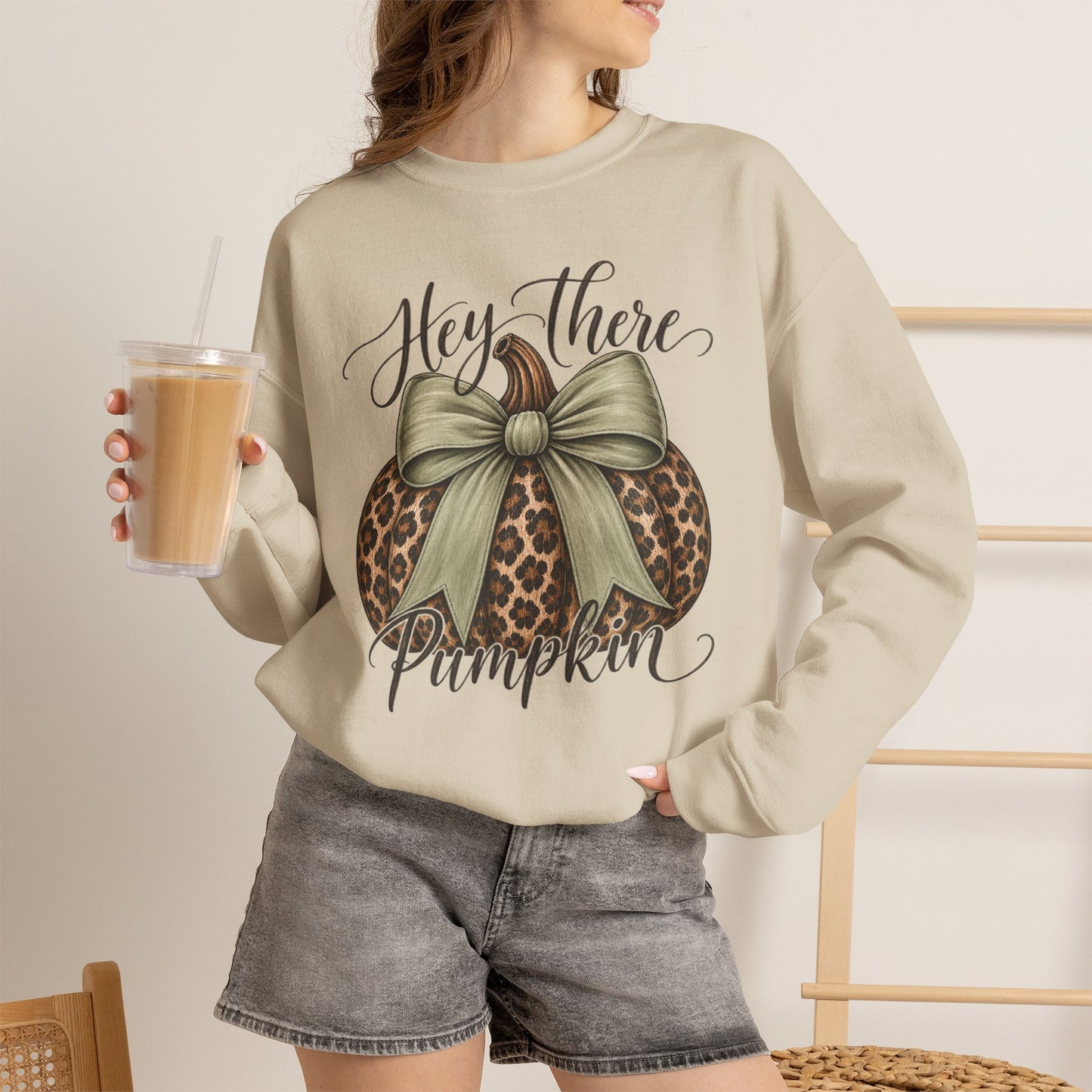 GILDAN - Hey There Pumpkin Sweatshirt — Leopard Pumpkin with Olive Bow Fall Crewneck