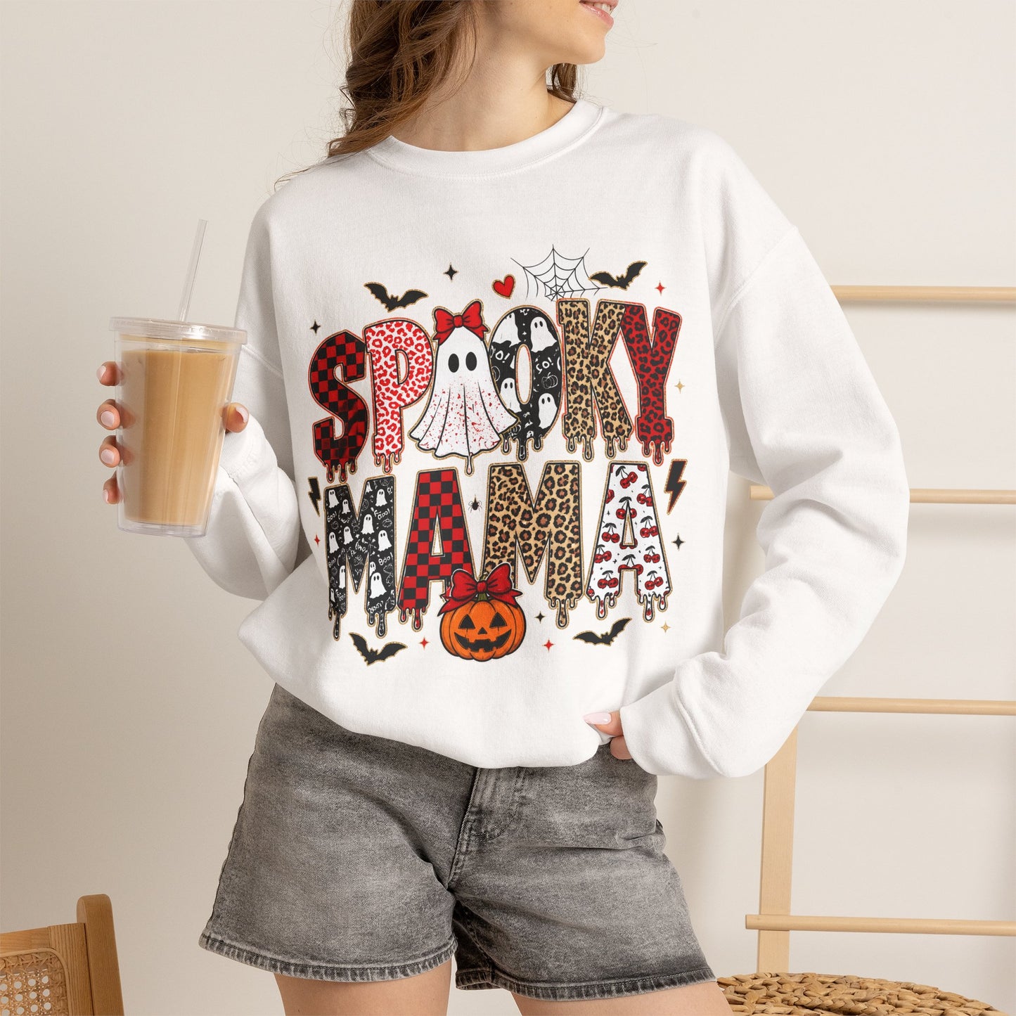 GILDAN - Spooky Mama Sweatshirt – Cute Halloween Ghost & Pumpkin Graphic Crewneck
