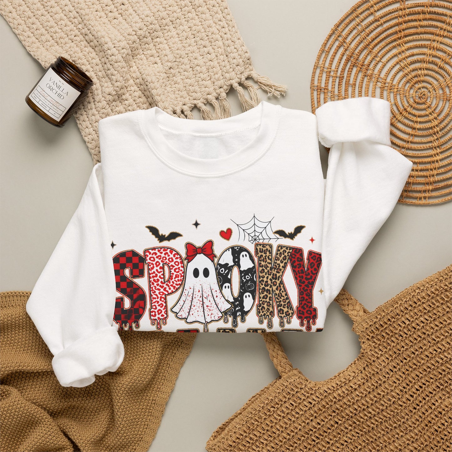 GILDAN - Spooky Mama Sweatshirt – Cute Halloween Ghost & Pumpkin Graphic Crewneck
