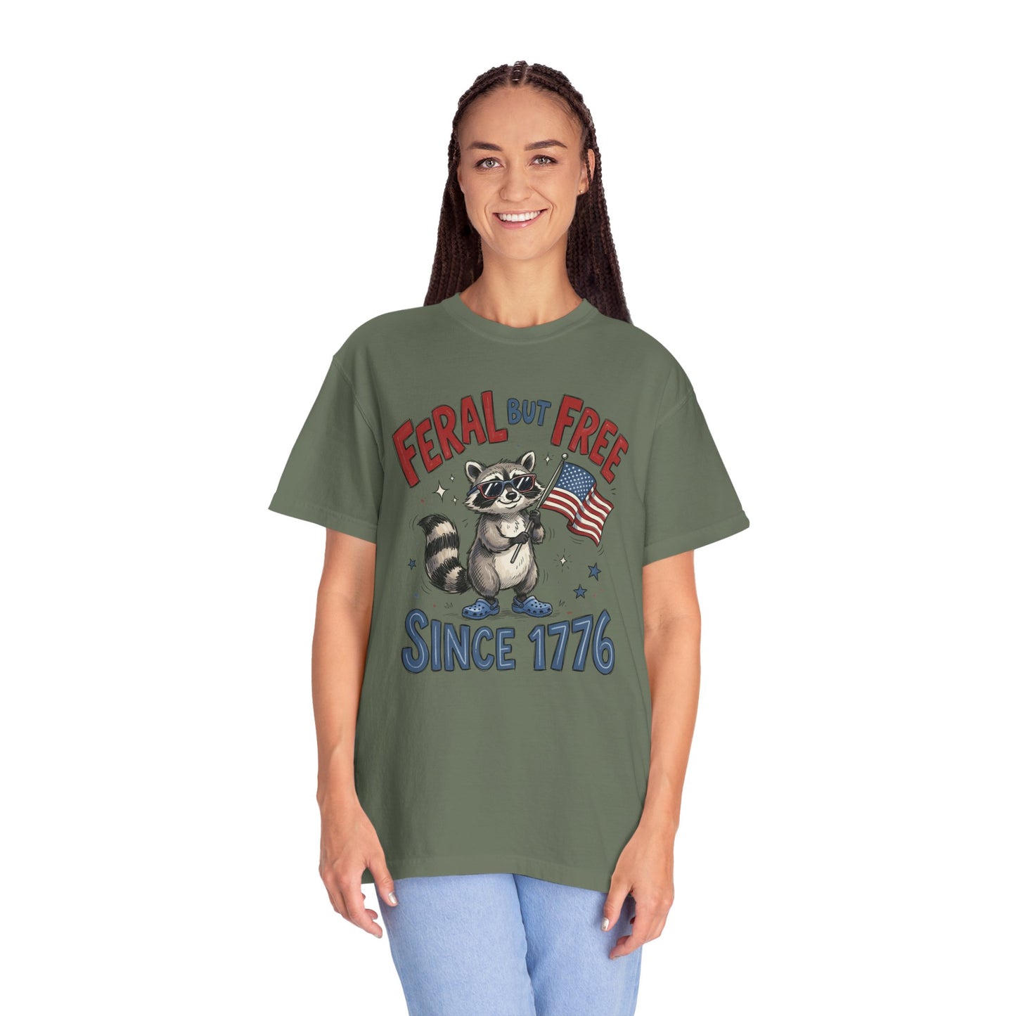 Feral But Free Since 1776 T-Shirt — Cute Raccoon American Flag Patriotic Tee