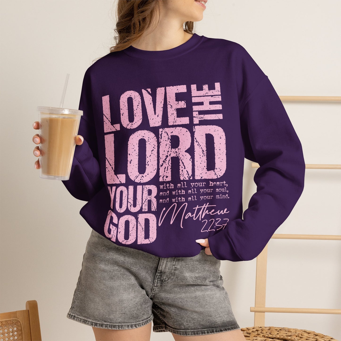 GILDAN - Christian Crewneck Sweatshirt — "Love the Lord Your God" Pink Scripture Graphic