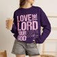 GILDAN - Christian Crewneck Sweatshirt — "Love the Lord Your God" Pink Scripture Graphic