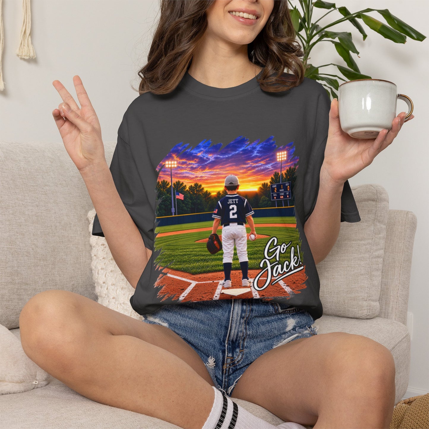 *** SPECIAL REQUESTS - MORGAN JETT - COMFORT COLORS - Baseball Player Sunset T-Shirt — "Go Jack" Personalized Team Tee