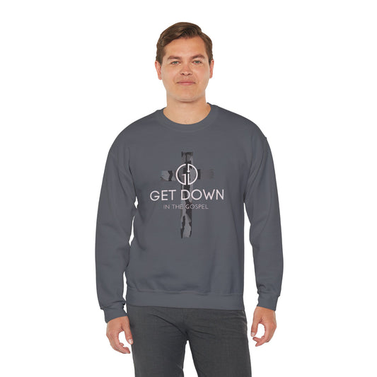 GET DOWN IN THE GOSPEL ADULT SWEATSHIRT GRAY CAMO CROSS