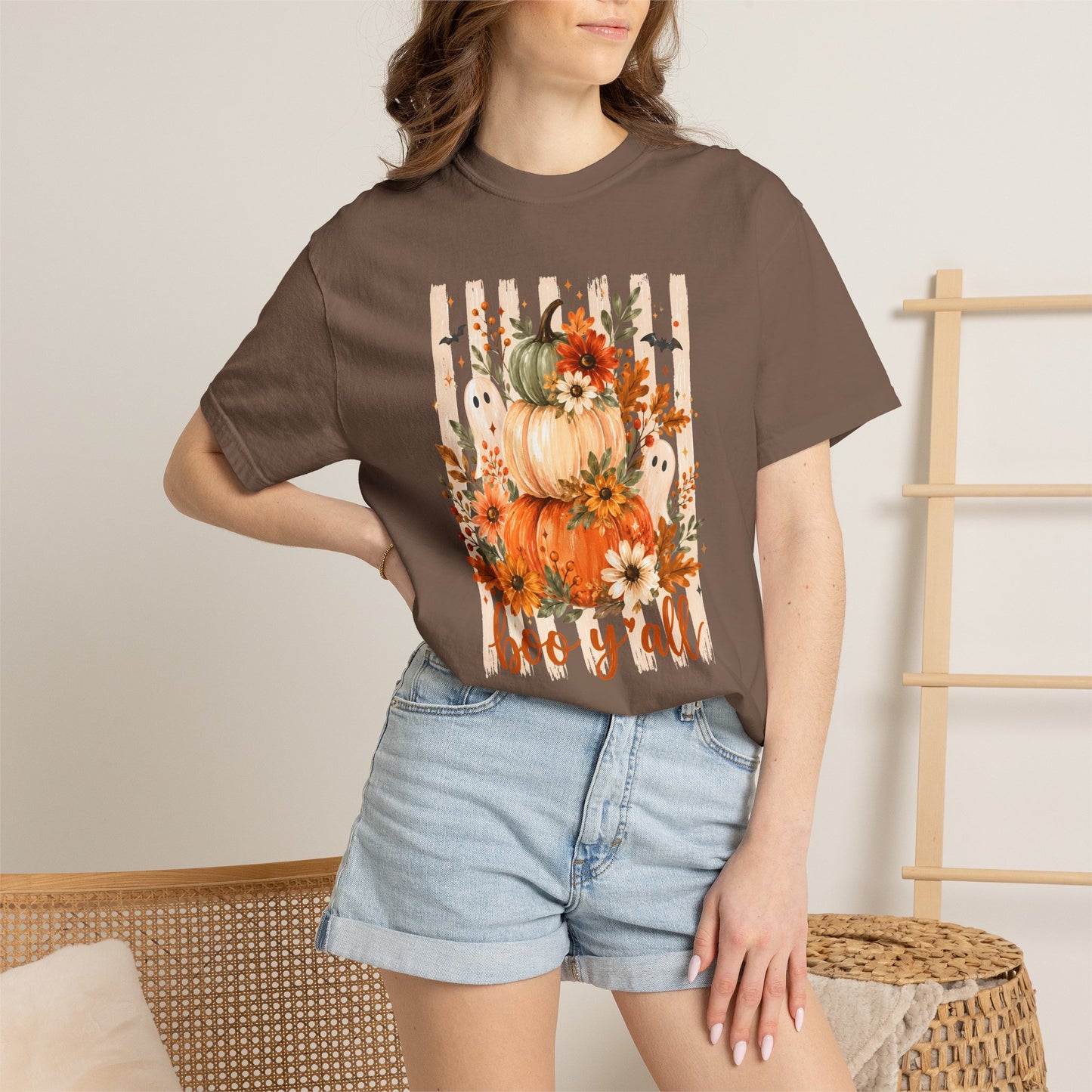 COMFORT COLORS - Pumpkin Stack 'Boo Y'all' Fall T-Shirt — Autumn Floral Halloween Tee
