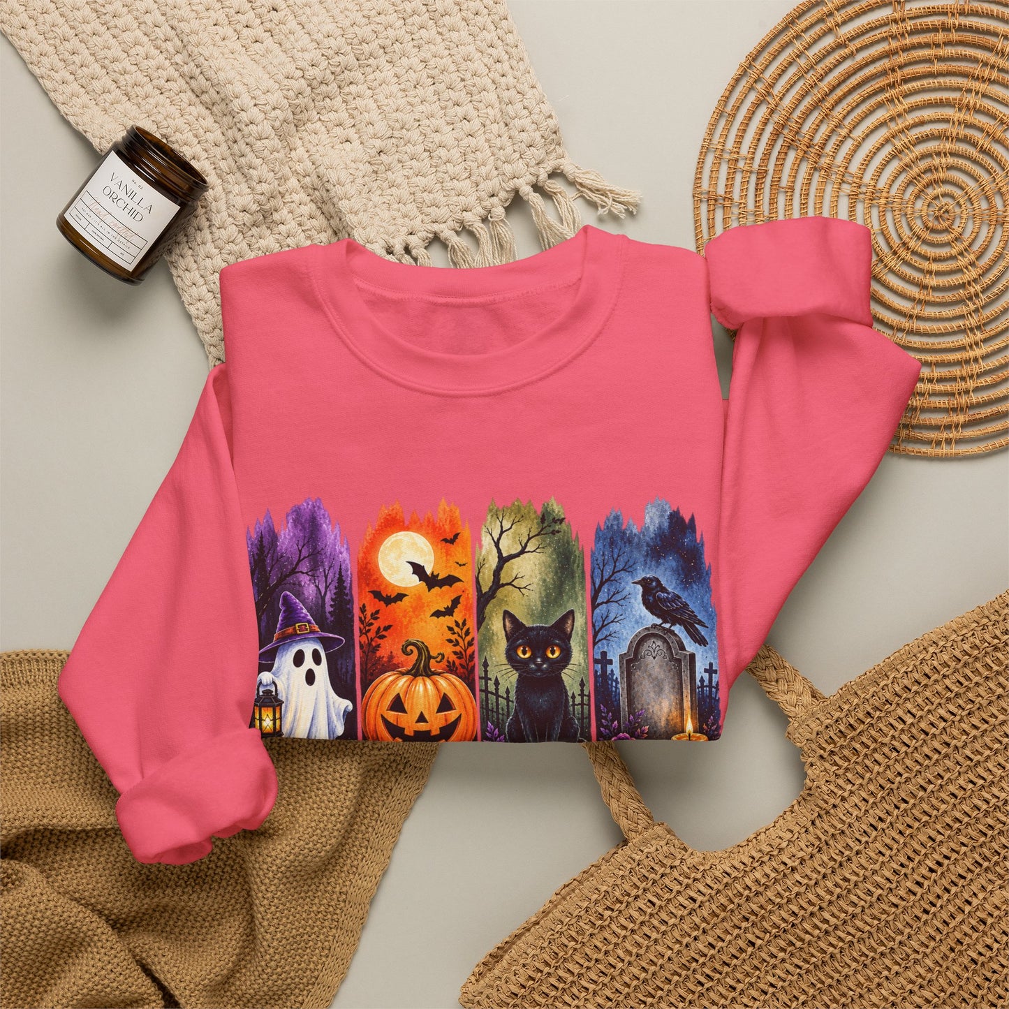 GILDAN - Spooky Season Halloween Crewneck Sweatshirt — Ghost, Jack-O'-Lantern & Black Cat Design
