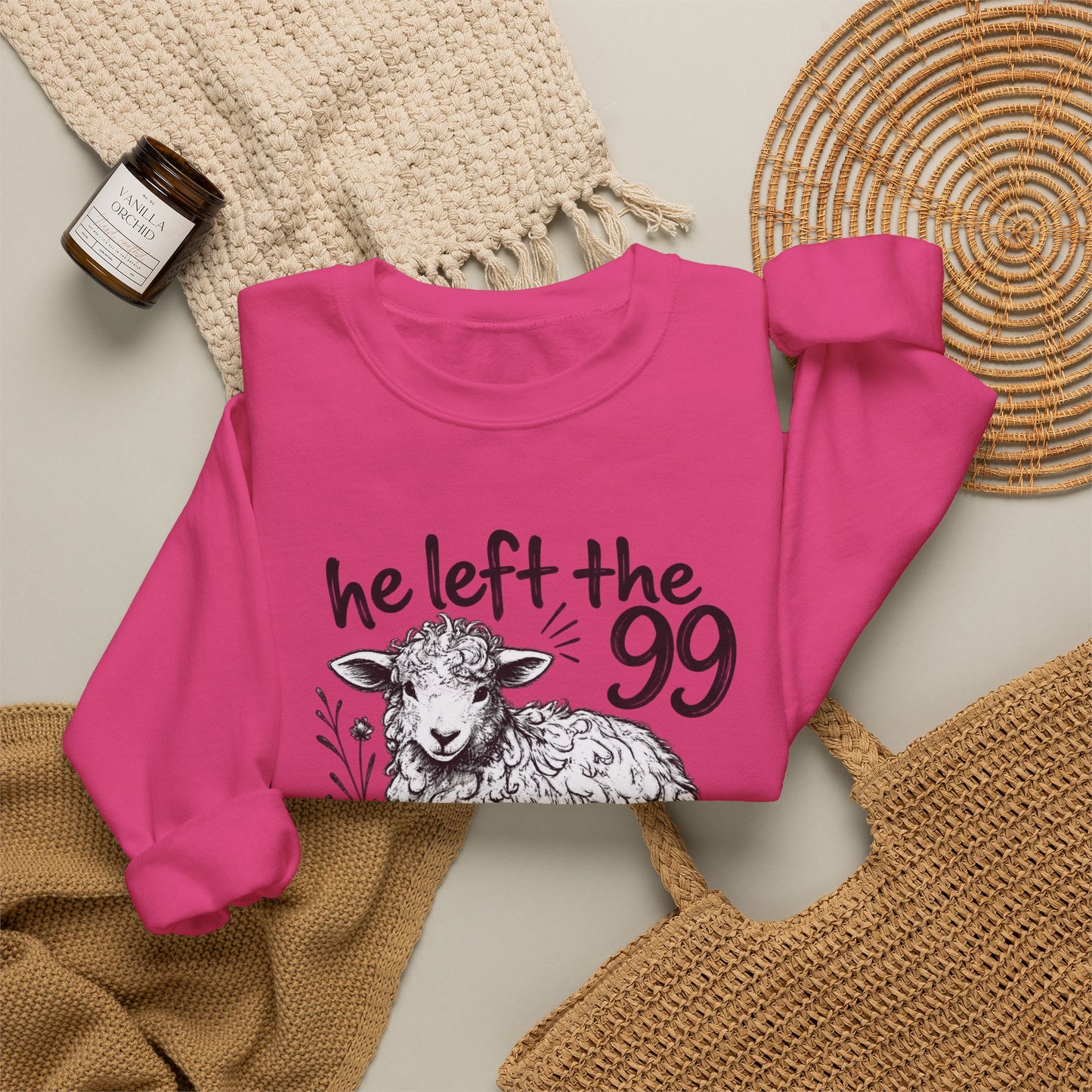 GILDAN - Christian Crewneck Sweatshirt — "He Left the 99 to Find Me" Lamb Graphic